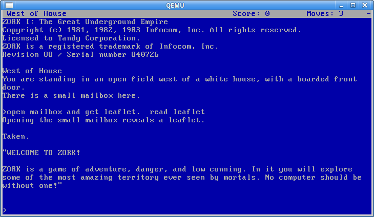 screenshot of zork running on frotzos